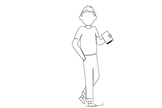 A young man holding a book while walking one line art