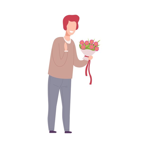 花束を握る若い男 祝賀 ロマンチックな日付 ベクトルイラスト