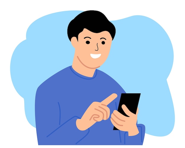 young man holding cellphone with happy face