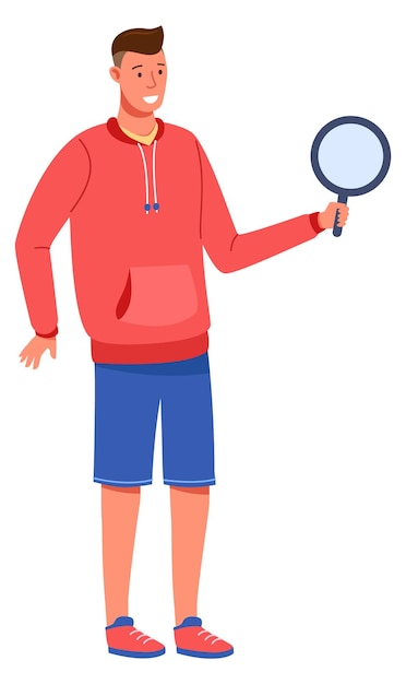 Vector young man holding magnifying glass searching person