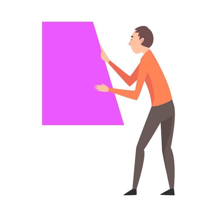 Vector young man holding and organizing abstract geometric shape vector illustration