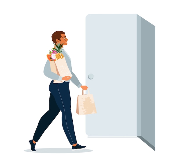 Vector young man holding paper food bags. isolation and home food delivery concept. man delivering food. man standing next to a door with full shopping bags.