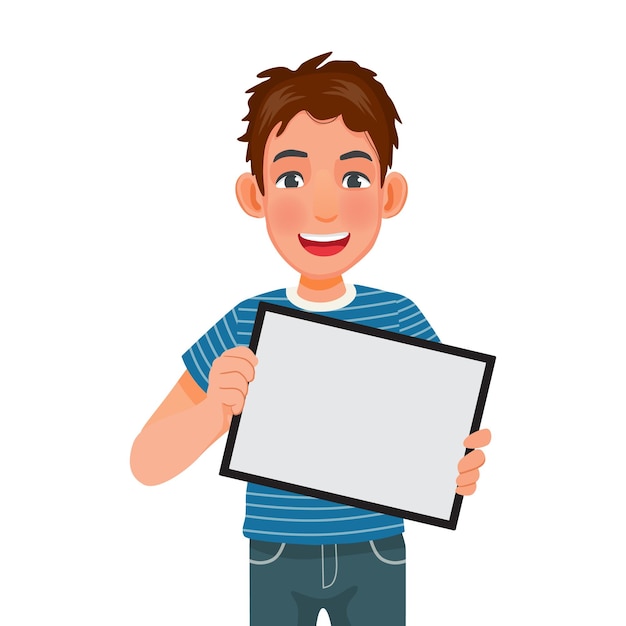 Vector young man holding and showing a digital smart tablet device with empty screen for copy space