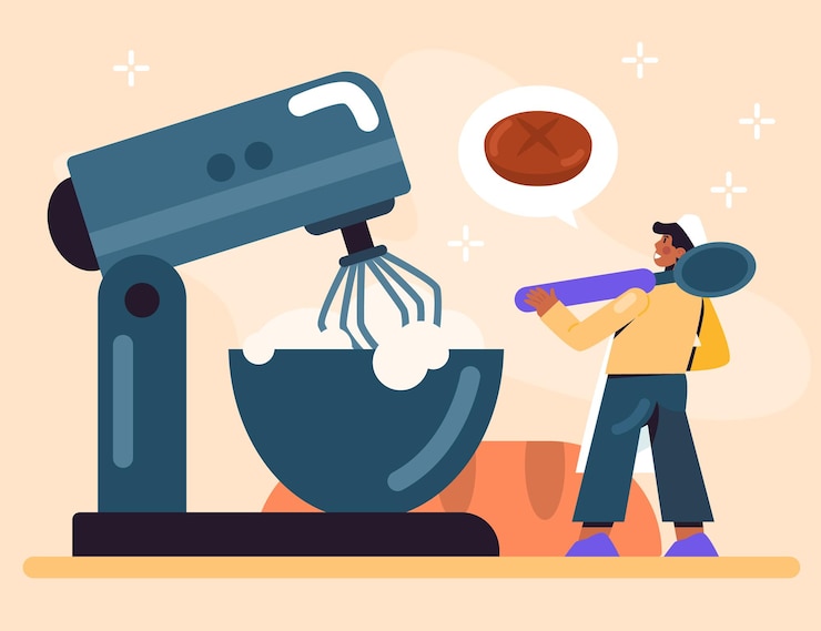 Vector young man holding spoon and standing near mixer modern manufacture with equipment