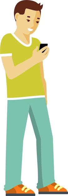 Vector young man holding and using smartphone in his hand