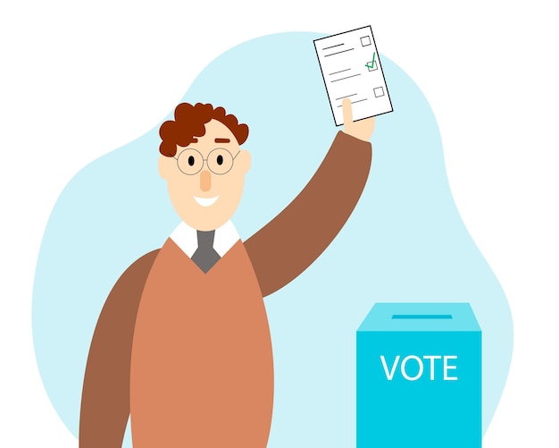 Young man holding a vote ballot in his hand. Voting concept. Vector illustration.