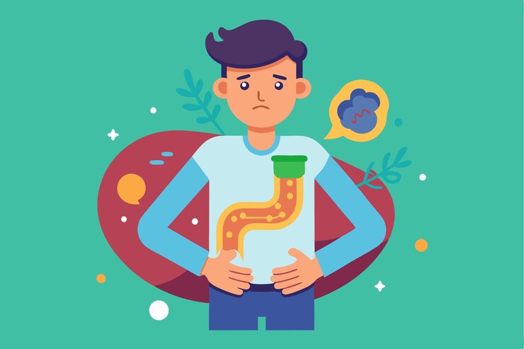 Vector a young man holds his stomach while feeling discomfort in a colorful and engaging environment stomachache customizable semi flat illustration