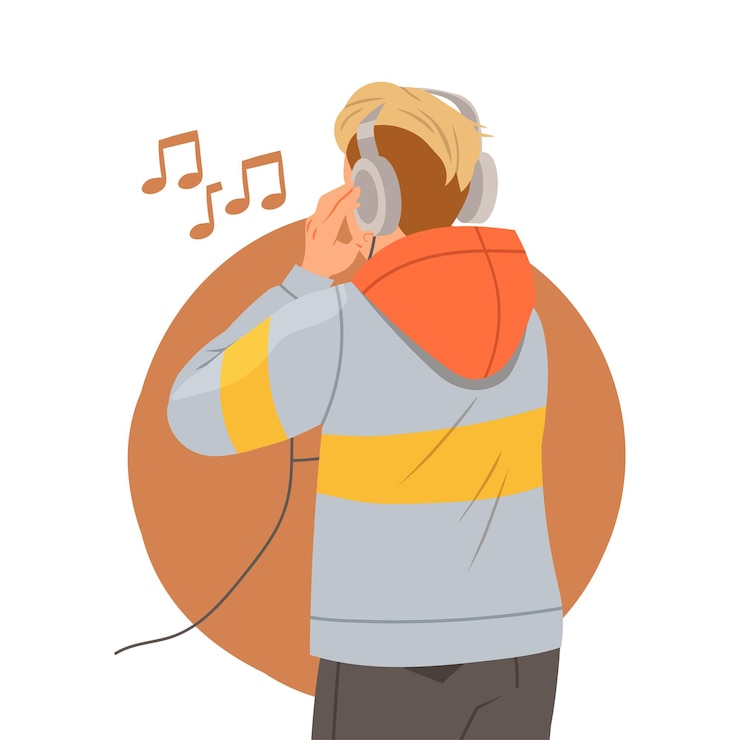 Vector young man in hoody with headphones listening to music vector illustration