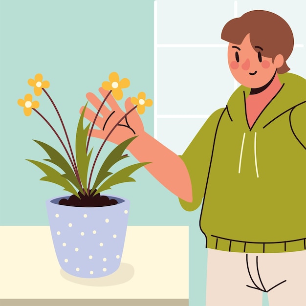 Young man and houseplant care