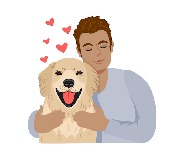 Giovane che abbraccia cane con amore accogliente e rilassante amicizia dell'uomo e dell'animale domestico schizzo con cuori rossi