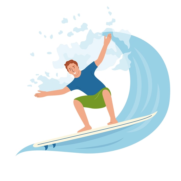 Вектор Молодой человек в купальниках катается на большой волне в океане серфер катается на доске для серфинга на волне в море