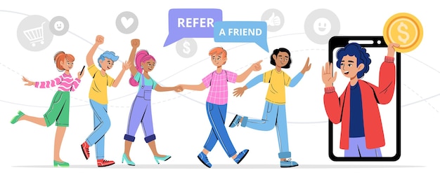 Vector young man invites friends to a referral program for business partnership