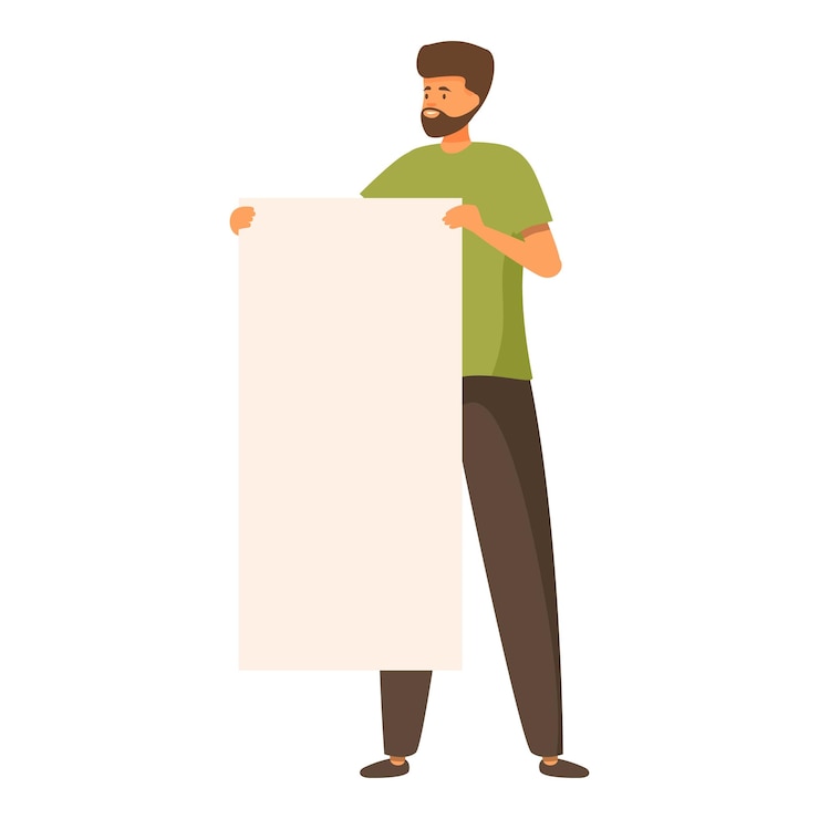 Vector young man is holding a blank banner and looking to the side