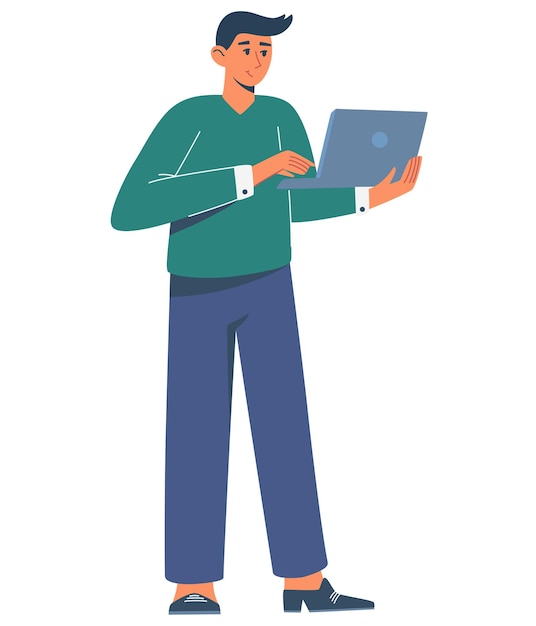 Vector young man is holding a computer in his hands business communication concept man is working at a computer freelance business work student trendy flat vector illustration