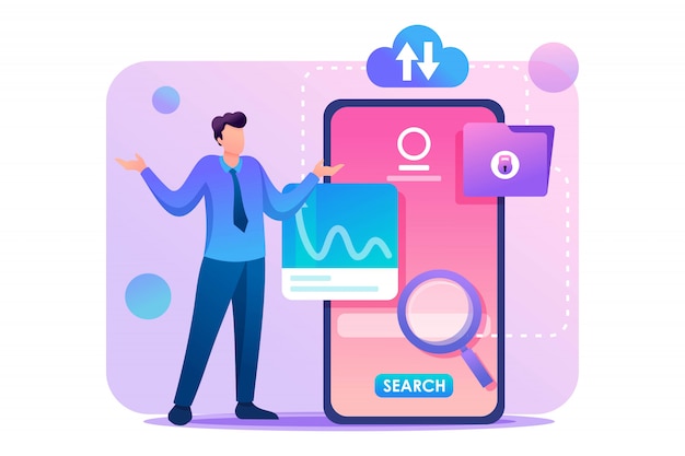 若い男は電話画面で迷い、情報を探しています。フラットなキャラクター。 Webデザインのコンセプト
