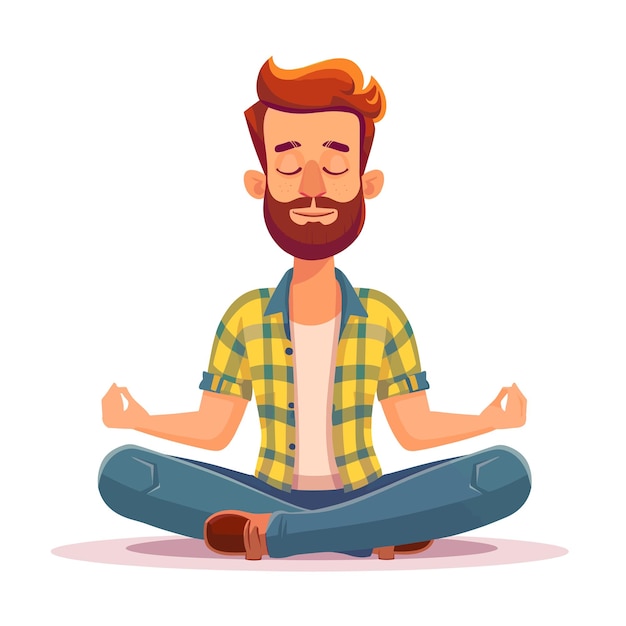 Vector a young man is sitting cross legged in a lotus position with his hands on his knees