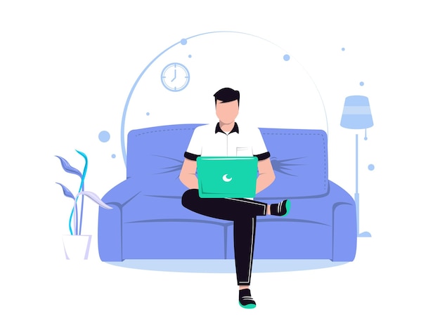 若い男は自宅のソファにノートパソコンを持って座っています。コンピューターでの作業。フリーランス、オンライン教育またはソーシャルメディアの概念。