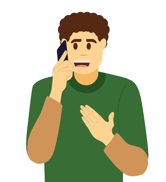 Young man is talking on the phone. Human looking on smartphones and chatting. Communication concept