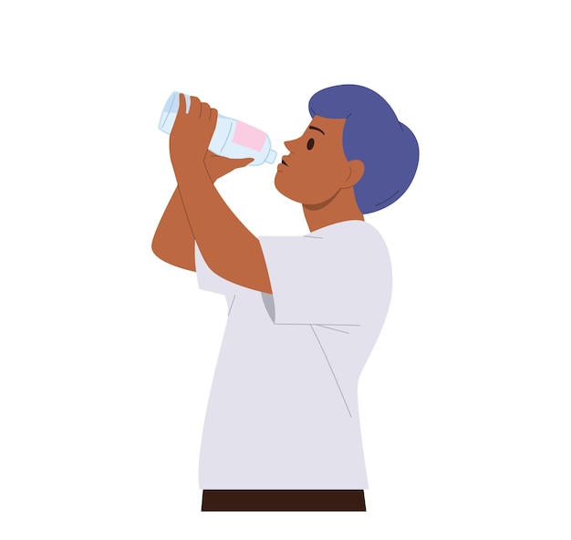 young man isolated cartoon character feeling thirsty drinking fresh water from plastic bottle