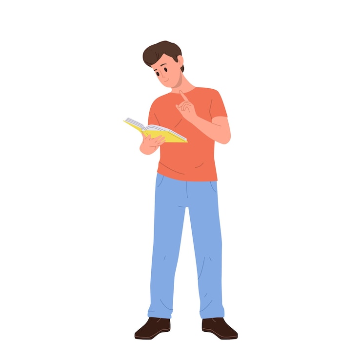 Vector young man isolated cartoon character reading book enjoying studying and self development process