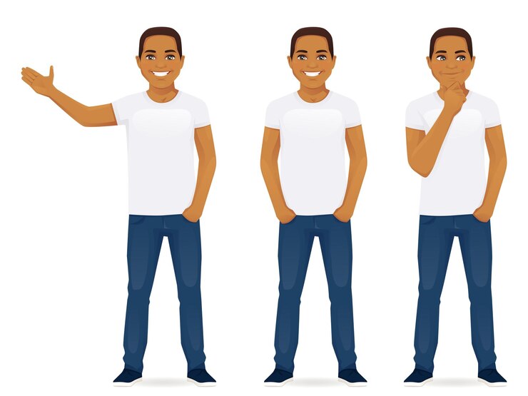 Vector young man in jeans standing in different poses isolated