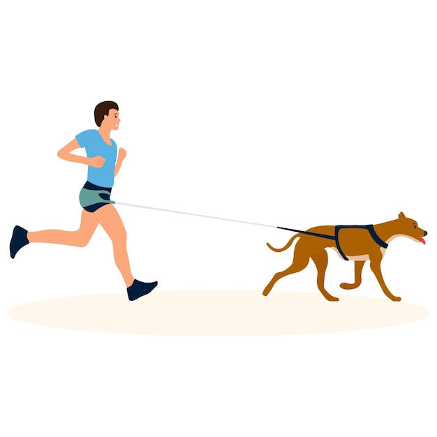 Young man jogging with his dog on a leash Caring for a pet Vector illustration