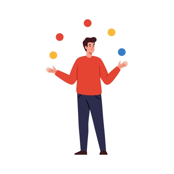 Vector young man juggling colorful balls in a dynamic pose with flat design style vector art