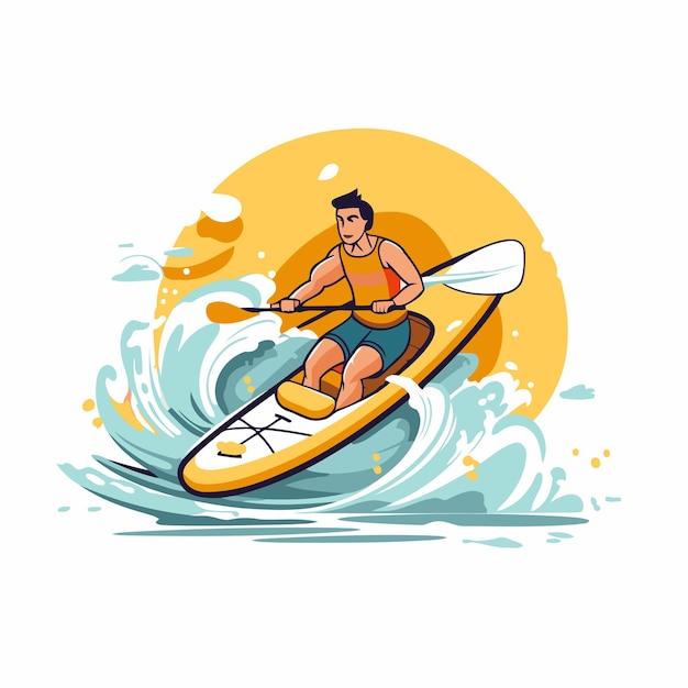 Young man in a kayak on the waves Vector illustration