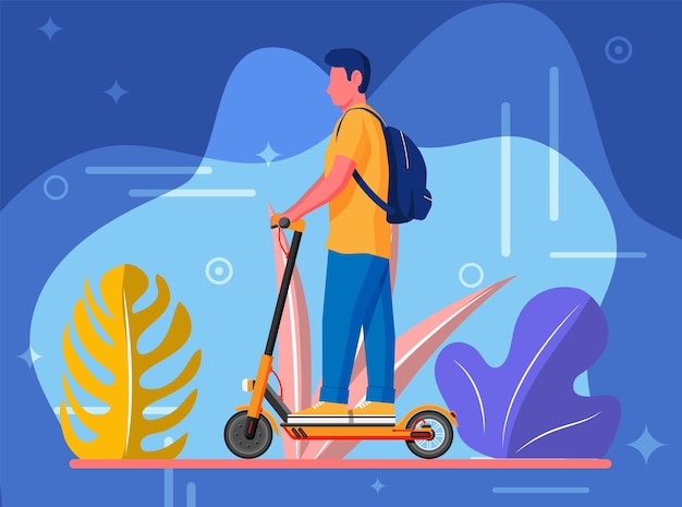 Young man on kick scooter. guy with backpack rolling on electric scooter. hipster character uses modern urban transport. ecological, convenient city transportation. cartoon flat vector illustration