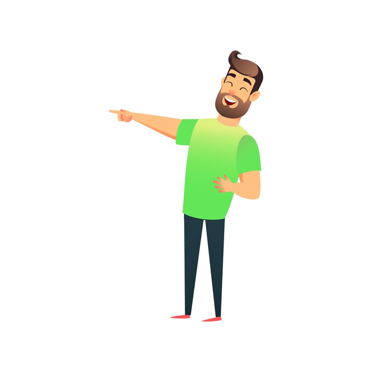 Vector young man laughs throwing his head and screwing up his eyes happy man is pointing his finger at some...