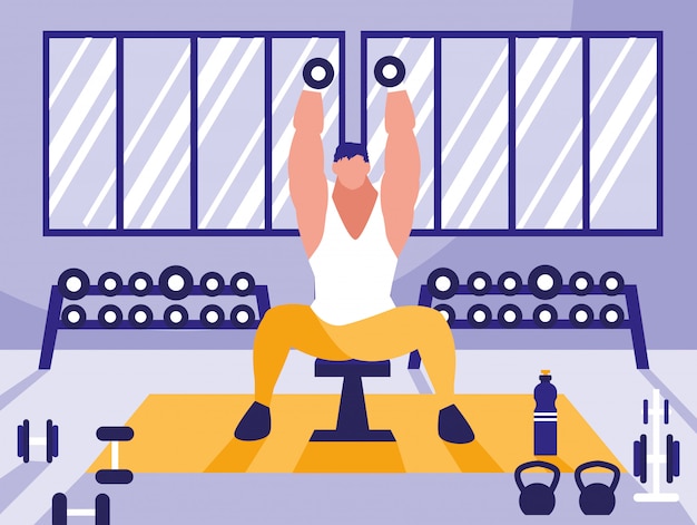 Vector young man lifting dumbbells in gym