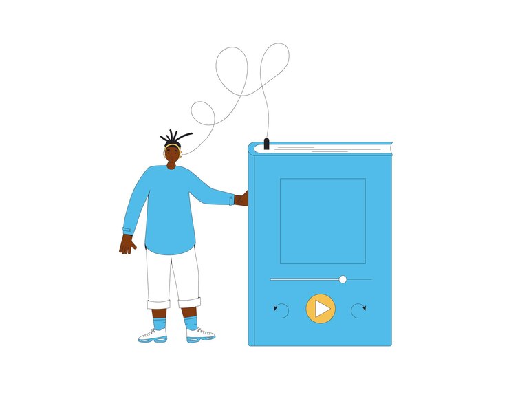 Vector young man listening to audiobook male person and huge book with education apps