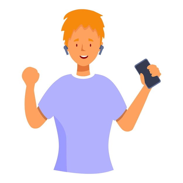 Young man listening music in earphones holding smartphone and raising hand in the air
