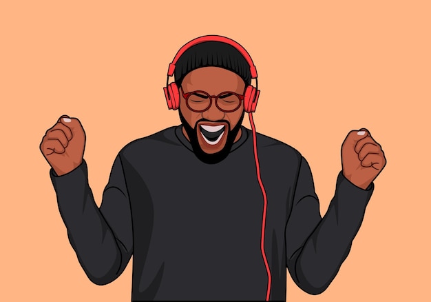 Young man listening music hip hop song with headphones flat cartoon vector illustration