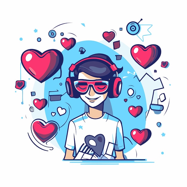 Vector young man listening to music with headphones vector illustration in cartoon style