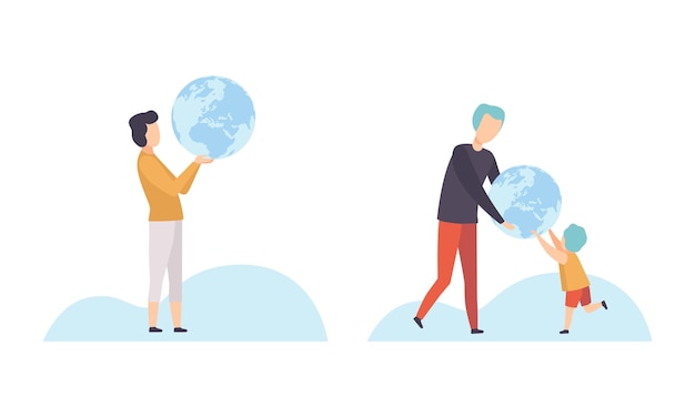 Young Man and Little Boy with Globe Planning Travel Vector Set