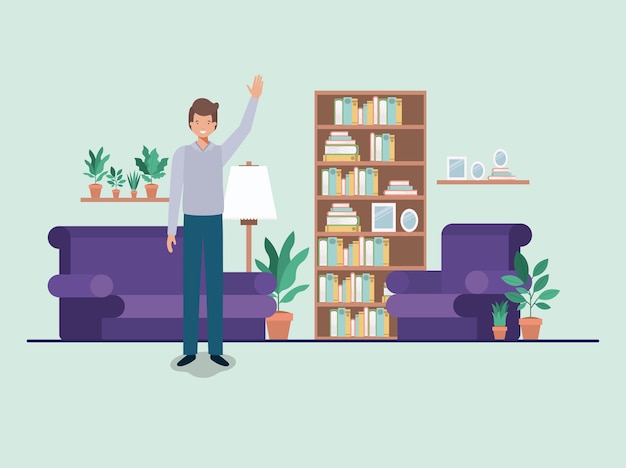 Young man on the livingroom vector illustration design