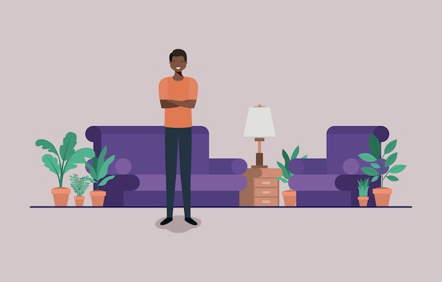 Young man on the livingroom vector illustration design