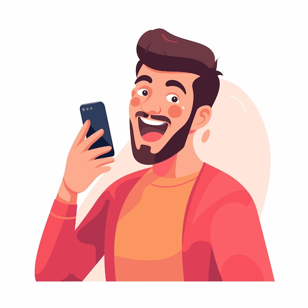 Vector young man looking at cellphone with happy surprised face vector illustrations on white background