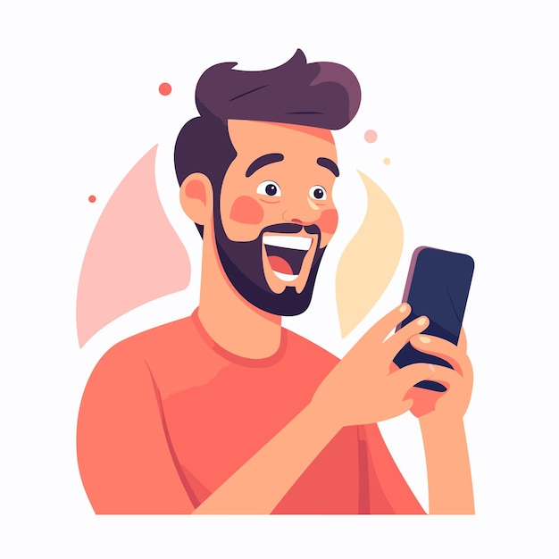 Young man looking at cellphone with happy surprised face vector illustrations on white background