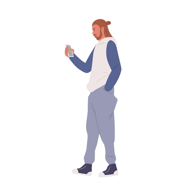 Young man looking at screen of mobile phone while walking. bearded guy in sportswear using smartphone on the go. colored flat vector illustration isolated on white background.