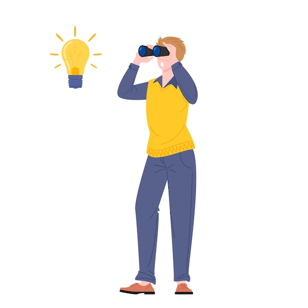 Young man looking through binoculars standing in flat design