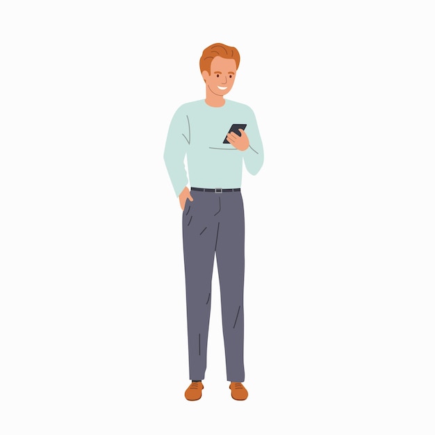 Vector young man looks into the smartphone isolated