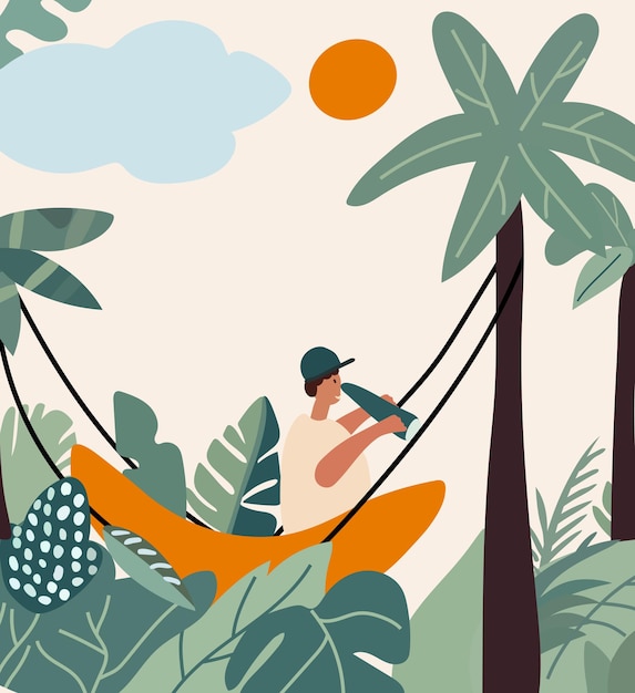 Vector young man lounging in beach hammocks enjoying summer retreats and look through binoculars vector