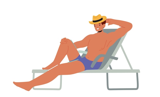 Young Man Lounging on Chaise Lounge on Sea Beach or Poolside at Summer Time Vacation Tourist Relaxing on Seaside