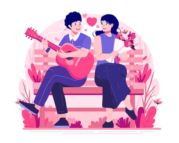 Vector a young man in love sitting on a park bench is playing guitar for his girlfriend on valentines day