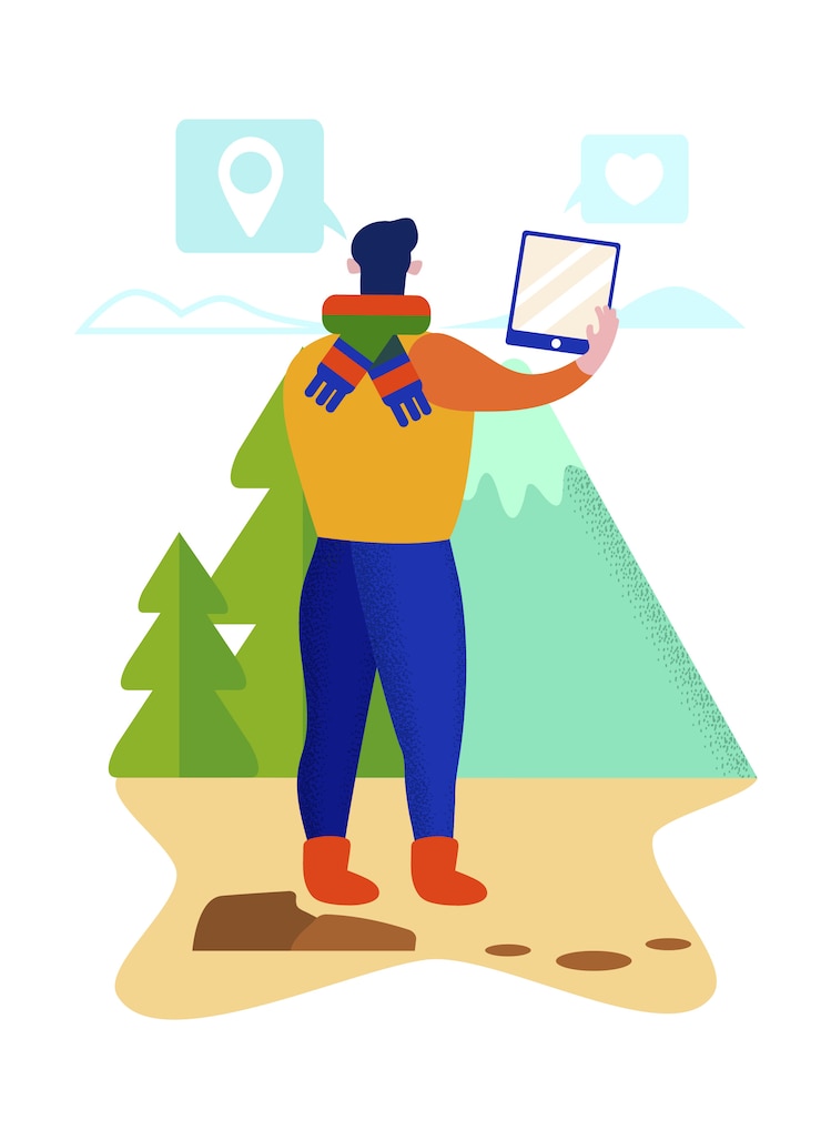 Vector young man make photo of mountain nature landscape