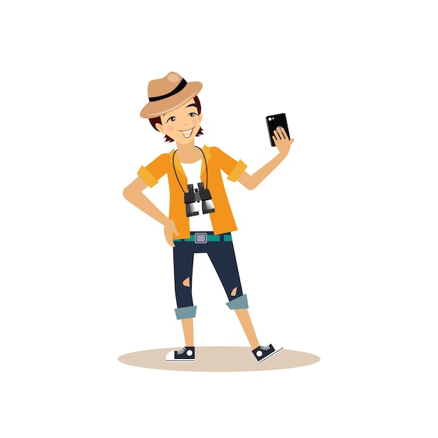 Young man making selfie with a cell phone. Flat style vector illustration