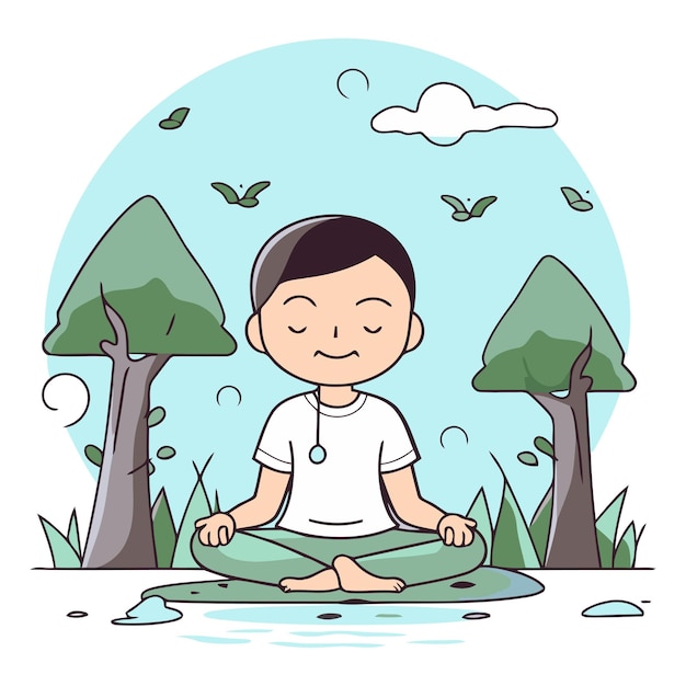 Young man meditating in the park in a flat style