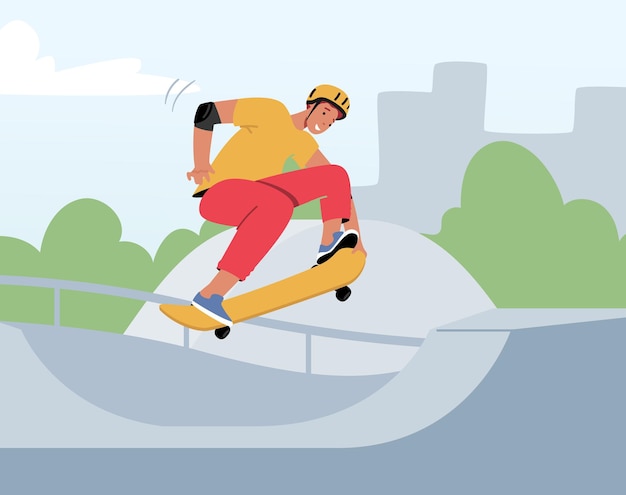 Young Man in Modern Clothing and Hardhat Jumping on Skateboard. Skateboarder Male Character Outdoors Activity. Skateboarding Boy Making Stunts on Board in Skatepark. Cartoon Vector Illustration